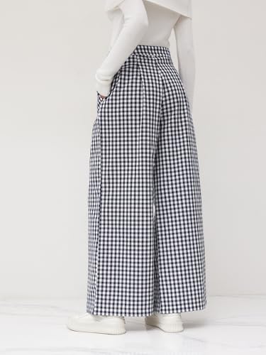 CIDER Wide Leg Pants High Waist Gingham Trousers Women Plaid Pants Casual Pants with Pockets3