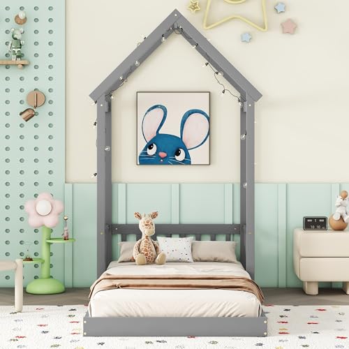 Zyerch Twin Size House Bed for Kids, Floor Bed Montessori House Bed Frame with House Shape Roof and Semi-Fence, Wood House Bed Twin for Girls, Boys, Low to Ground Height, Grey - Thumbnail 3