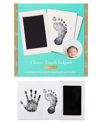 Image of Kate & Milo Clean-Touch Ink Pad, Baby Handprint and Footprint Impression Kit, Babyprints Keepsake, Gift for New and Expecting Parents, Black Ink, No Touch Inkpad, 2 Impression Cards