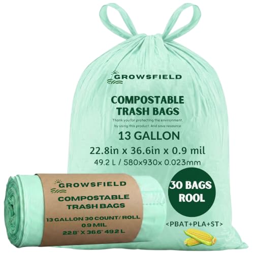 13 Gallon Compostable Trash Bags, BPI Certified & OK Compost & ASTM D6400, Tall Kitchen Garbage Bags, 30 Count, 0.9 Mil Extra Strong, Leak Proof, Easy Tie Handles, Unscented