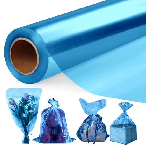43 CM x 30 M Azul Papel Celofán Transparente, 3 Mil Grosor Celofan Transparente Impermeable Papel de Regalo para Cesta, Acetato para Envolver Regalos, Flores