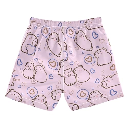 Cute Capybara with Hearts Pink Boys Swim Trunks Boys Beach Board Shorts Quick Dry Bathing Suit2