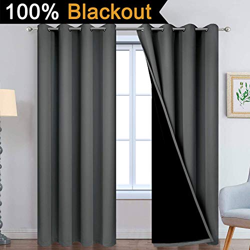 Image of Yakamok 100% Dark Gray Blackout Window Curtain Panels Full Light Blocking Drapes with Black Liner Room Darkening Thermal Insulated Curtains for Bedroom /Living Room(Dark Grey, 52W x 96L, One Pair)