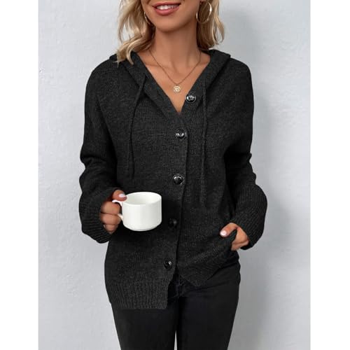 Image of Blostirno Women's Casual Hooded Cardigan Sweaters V Neck Button Down Long Sleeve Kint Cardigans Coat