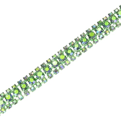 M METERXITY 1-Pack Crystal Rhinestone Close Chain Trim, 3 Rows 1 Yard Dress Embellishments, Sparkly Diamond Strips Applique Embellishment for Craft/Sewing/Wedding [Light Green AB]