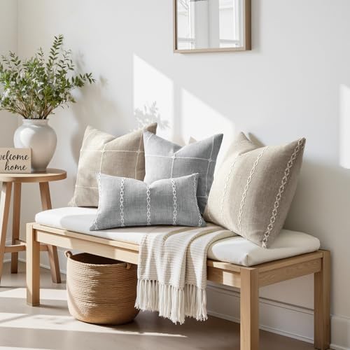 HOMEIDEAS Decorative Plaid Throw Pillow Covers 20x20 Set of 2, Tan Farmhouse Pillow Covers, Neutral Faux Linen Cushion Covers for Couch Sofa Bed Home Decor by HOMEIDEAS - Used condition - Image 7