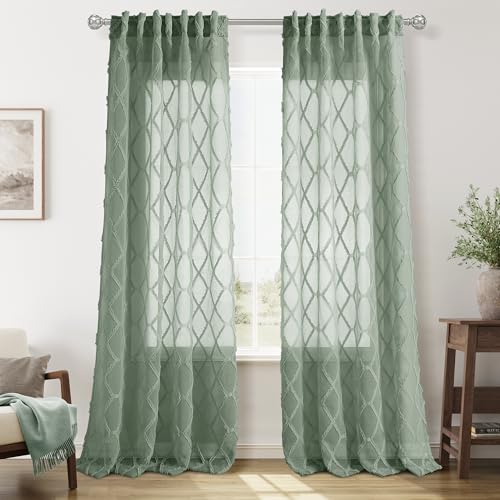 Extra Long Desert Sage Sheer Curtains 102 Inch Length for Living Room 2 Panels Back Tab Pocket Boho Farmhouse Drapes Light Filtering Privacy Embroiderd Textured Rustic Curtain for Bedroom 52x102