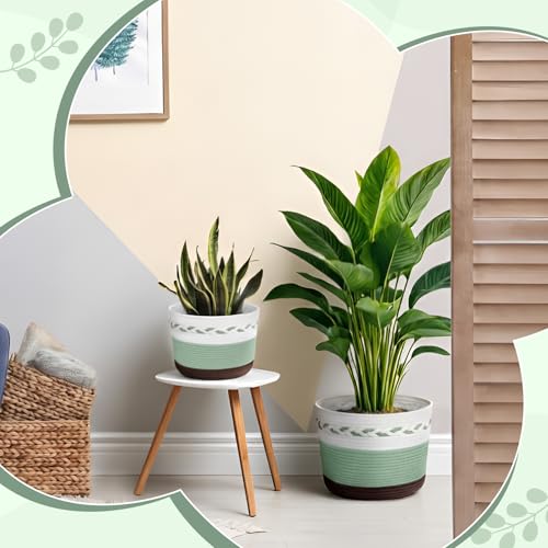Remerry 3 Pcs 7" 9" 13" Cotton Rope Plant Baskets Indoor with Plastic Liner 3 Colorful Straw Woven Plant Basket Indoor Green Round Wicker Basket for Living Room Floor Potted Pots Decor by Remerry - Used condition - Image 5