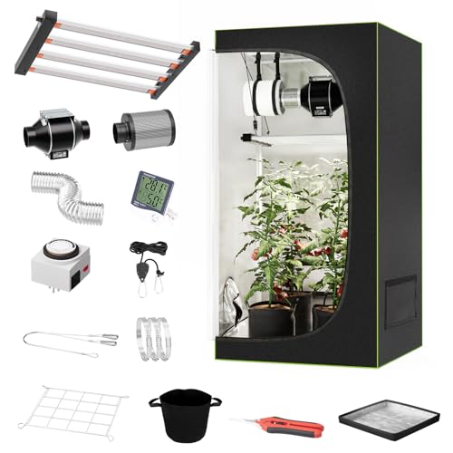 SPECILITE 3x3FT Grow Tent Kit Complete System with 250W Full Spectrum LED Dimmable Grow Light, 32'x32'x63' 1680D High Reflective Mylar Indoor Greenhouse with Adjustable Speed Ventilation System