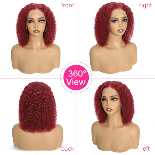 Image of 12 Inch Burgundy Bob Wig Human Hair 13x4 HD Deep Wave Lace Front Wigs Human Hair 99j Red Short Curly Bob Wig Water Wave Human Hair Wig 180% Density Glueless Wet Wavy Colored Wig for Women Pre Plucked