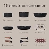CAROTE 15Pcs Ceramic Cookware Set, Pots and Pans Set Non stick, Kitchen Cooking Set with Detachable Handle, Non Toxic Induction Cookware, Dishwasher/Oven Safe, PFAS Free, Black&Gold