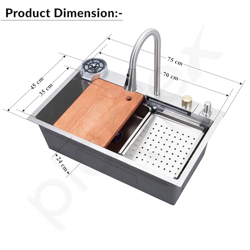 Image of Plantex 304 Grade Stainless Steel Kitchen Sink /Waterfall Kitchen Sink with Anti-Scratch Design /Sink with Pull-Down Faucet - (30 X 18 X 10 Inch, Matt)