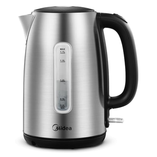 Midea Electric Kettle 3000W Fast Boil 1.7L Stainless Steel Kettle LED Indicator,Spring Lid,Removable Filter,Insulated Handle, Cordless Kettle with Water Level Indicator, Dry Burn Protection,BPA-Free