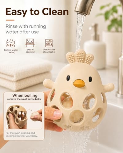 Image of Tinabless 2-in-1 Baby Teether Rattle Toy, Easy Grip Silicone Teething Toy for Babies 3-12 Months, BPA-Free Sensory Chew Toy for Sore Gums, Infant Shower Gift (Beige w /Rattle)