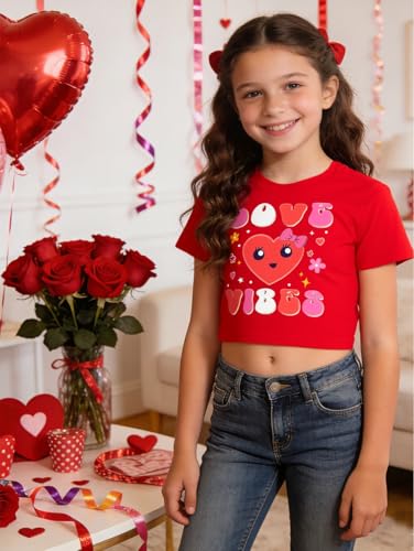 Image of Girls Valentine T-Shirts Crop Tops Short Sleeve Shirts Little Kids Love Heart Graphic Tees