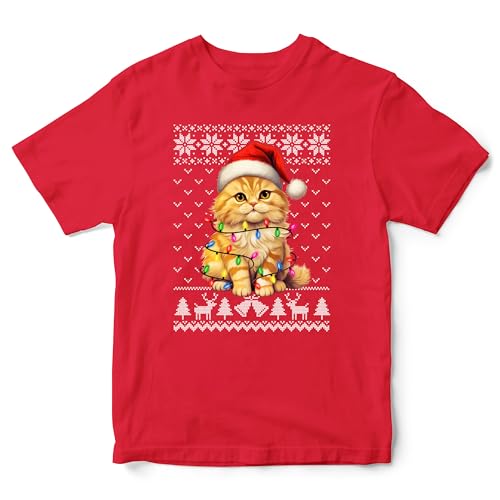 Ginger Cat Kids Christmas T Shirt Festive Feline Tee Xmas Kitten Boys Girls Top, 9-11 Years, Red