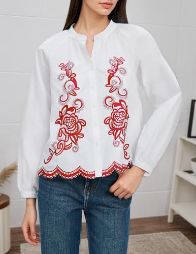 Women's Floral Embroidered Tops Boho Long Sleeve V Neck Button Up Shirt Fall Casual Blouses4