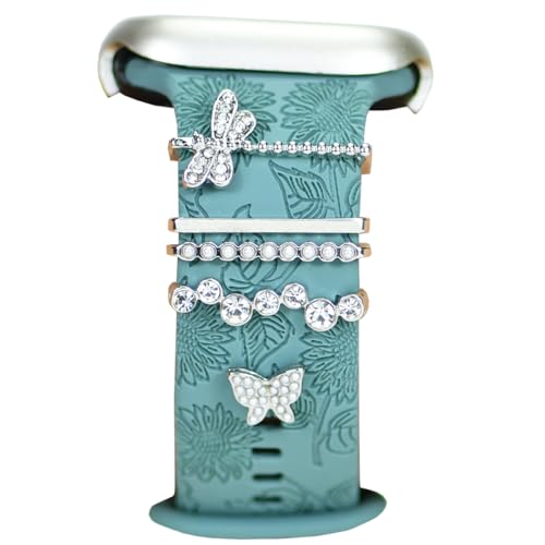 ESWEUOOM Correa de reloj con diseño de libélula y mariposa para Apple de 38 mm, 40 mm, 41 mm, 42 mm, 44 mm, 45 mm, 49 mm, anillos decorativos de metal plateado y oro rosa para iWatch Series 8, 7, 6, 5