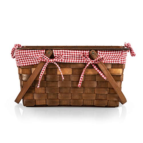PICNIC TIME Kansas Handwoven Wood Picnic Basket, Sturdy Woven Wicker Basket with Tabletop Lid and Removable and Washable Polycotton Vintage-Style Liner, (Red & White Gingham Pattern)