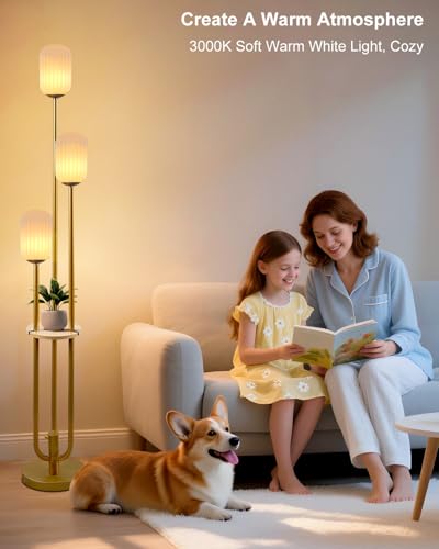 Image of Lightdot Dimmable Floor Lamp with Shelf Modern Gold Tall Floor Lamps with Oval Striped Lampshade for Wedding /Party 3000K Bulb Included 3-Lights Standing Lamp for Living Room /Sofa Beside /Corner Decor