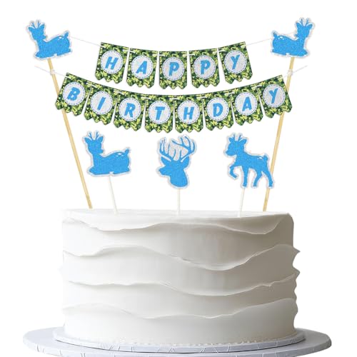 Hunting Happy Birthday Cake Topper - Camo Deer Hunting Party Cake Bunting & Cupcake Topper - 6pcs Forest Wilderness Deer Hunting for Boys Men Birthday Party Decorations