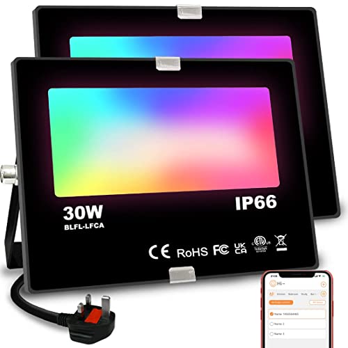 Jayool LED Floodlight Outdoor 300W Equivalent 3000LM, Smart RGB Flood Lights with APP, Colour Changing - Warm White 2700K - Timing - Scene- IP 66, UK 3-Plug, 2 Pack