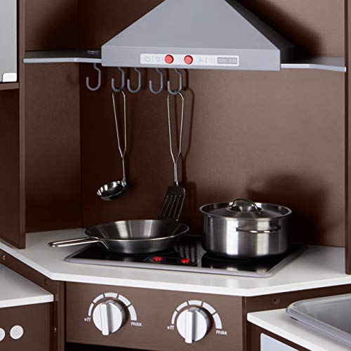 Image of Amazon Basics Kids Corner Interactive Wooden Play Kitchen Set, Stove, Oven, Sink, Fridge and Accessories for Toddlers, Preschoolers, Children Age 3+ Years, Espresso /Gray, 39.37 inchL x 28.35 inchW x 35.04 inchH