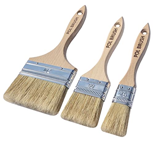 Set of 3 Professional Flat Paint Brushes (1", 2", 4") – Natural Bristles & Wooden Handle – Ideal for Acrylic, Chalk, Oil, Watercolor, Stain, Varnish – Perfect for Art, Crafts, Walls & DIY Projects