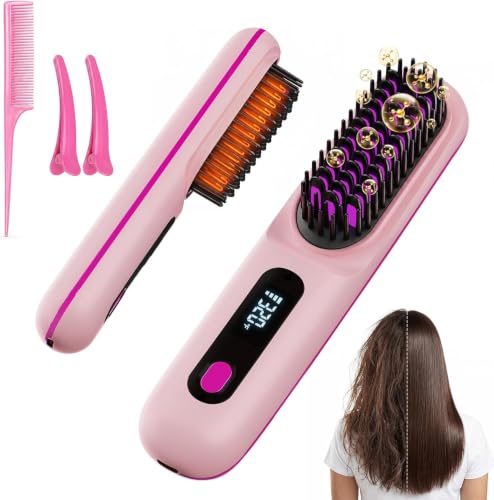 Image of Go Brush Pro Cordless Hair Straightener Brush (2026 Upgrade), Mini Portable Rechargeable Straightening Comb, 20s Fast Heat, 3 Temp Settings, Ionic & Ceramic Care, 4000mAh USB-C, Travel Friendly, Frizz-Free Styling