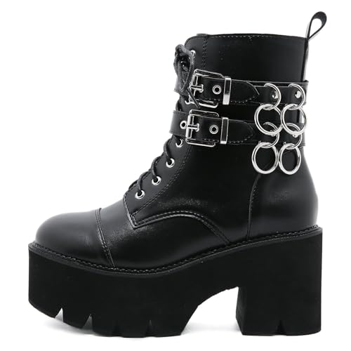 Image of Parisuit Womens Goth Patent Ankle Boots Platform Chunky Combat Boots