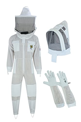 BusyBee Ventilated Bee Keepers Suits 3 Layer Ultra Protective Bee Suit Premium White Fabric Mesh Wasp Protection Suit Professional Bee Suits for Men with Round Veil & Fencing Veil and Gloves 2XL