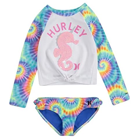 Hurley Girls' Long Sleeve Rash Guard 2-Piece Swimsuit Set Cover