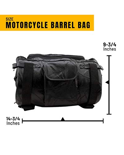 Barton Outdoors Motorcycle Bag - Barrel Style - All Genuine Black Leather - Fits Any Us Bike - Extra Storage Pockets Featuring Rugged Construction - 14 3/4" × 9 3/4" × 9 3/4" #TOP1