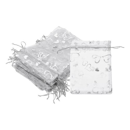 Pochettes en organza transparent pour bijoux avec motif cœur argenté et cordon 13x18