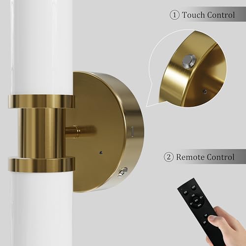 Image of Rayogale Gold Wireless Battery Operated Wall Sconces with Remote Control | White Glass Rechargeable Wall Lights Set of 2 with Timer Function Dimmable for Living Room Bedroom Emergency 3000K, 20.5 Inch
