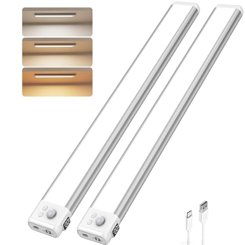 SyouHome 15.7inch Under Cabinet Lighting Rechargeable, 100 LED Super Bright, Motion Sensor, 3 Color Temps & Dimmable, Long Lasting Wireless Magnetic Closet Light for Kitchen, Pantry, Stairs (2 Pack)