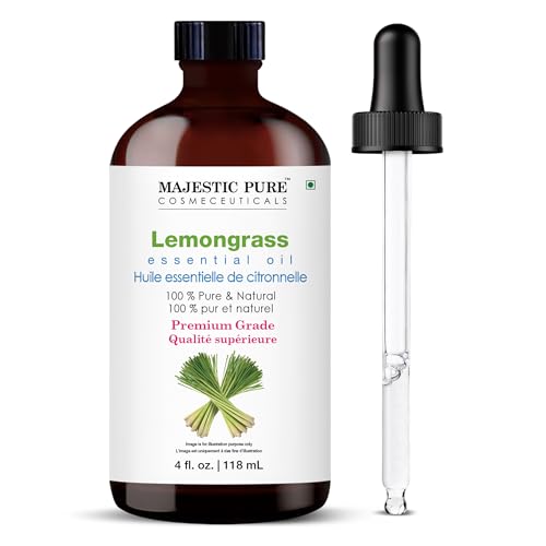 Majestic Pure Essential Oil with Glass Dropper - 100% Pure and Natural - Essential Oils for Diffuser, Aromatherapy, Soap and Candle Making, Lemongrass Essential Oil, Lemongrass Oil, 4 Fl Oz
