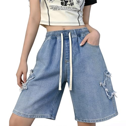 Image of INGJIUYAN Women Summer Loose High Waist Denim Shorts Frayed Distressed