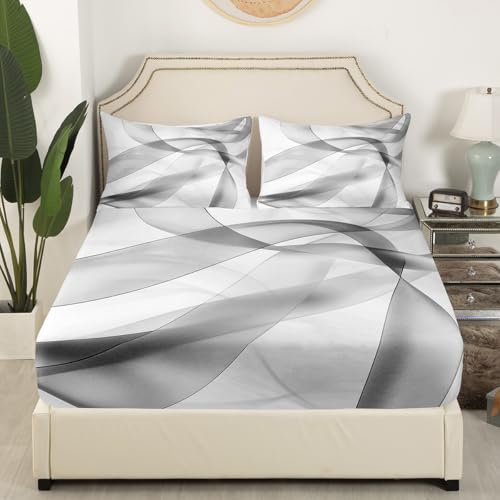 Black Striped Fitted Sheet,Full Size Modern Abstract Wavy Collections Line Art Design Theme,Soft Decorative Fabric Bedding Deep Pocket for Children Teens Young Boys Girls,with 2 Pillowcases