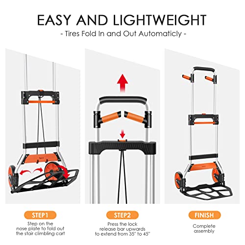 Teprovo Dolly Cart, 309 lb Aluminum Folding Hand Truck with Swivel Handle, Heavy Duty Utility Dolly Foldable Trolley with Elastic Cord, 7 Inch Wheels for Moving, Warehousing, Shopping and More by Teprovo - Image 5