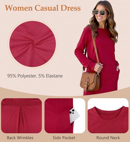 Neteson Vestidos Tipo Jersey para Mujer Vestido Suéter Manga Larga Cuello Redondo Vestidos de Camiseta Túnica Informal con Bolsillos