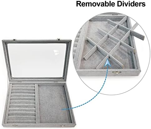 Maymooner Ice Velvet Rings Organiser Box Mix 12 Grids Jewellery Tray Display Showcase with Clear Lid and Lock Grey