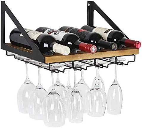 JACKCUBE Design Rustic Wood Wall Mount Wine Rack with 4 Metal Wire Glass Holder Home Kitchen Décor Storage Rack- MK478A