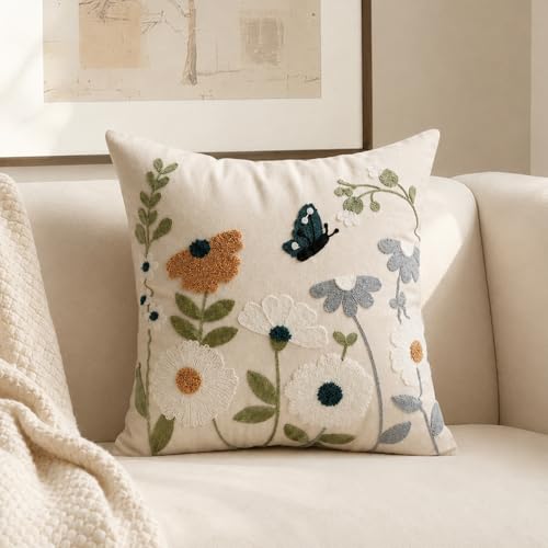 ONWAY Floral Embroidered Decorative Throw Pillow Covers 18x18 Inch Blue Flowers Butterfly Leaves Cushion Case for Bedroom Sofa Couch Farmhouse Spring Summer Decor