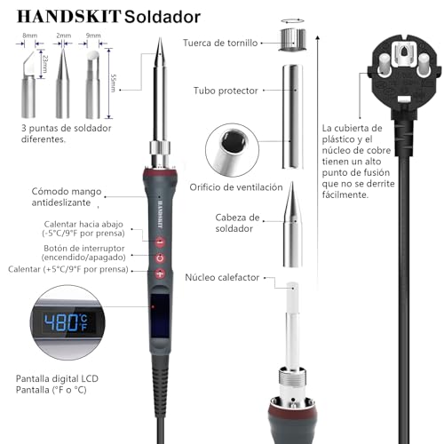 Miniatura 2 de Handskit Soldador Eléctrico 200w Con Control De Temperatura Ajustable 180 C-480 C , Pantalla Led, Calentamiento Rápido, Kit Completo Con Puntas, Estaño Y Mini Soporte, Ideal Para Electrónica Y Diy