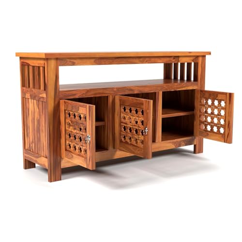 Image of Solid Sheesham Wood Wooden Sideboard Storage Cabinet & Chest of Drawer : Ideal for Living Room and Bedroom with 3-Shelf Storage (Hurtado, Honey Finish)