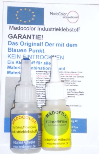 Adhesiva industrial, adhesivos industriales, pegamento, pegamento, para todo uso adhesivo adecuado para pegar madera, acero, aluminio, latón, cobre, porcelana, cristal, perlas, cerámica, piedra, cuerno, PMMA, caucho, papel, cartón, PVC, Cuero, ABS , EPDM, GRP, Luranu00ae, nylon, neopreno y casi todos los plásticos comerciales con y entre sí. Contenido: 20ml + relleno adhesivo 30g lleno en una bolsa con las instrucciones de envío. / Adhesivo 100g / 100Euro, relleno de 100g / 33,33Euro