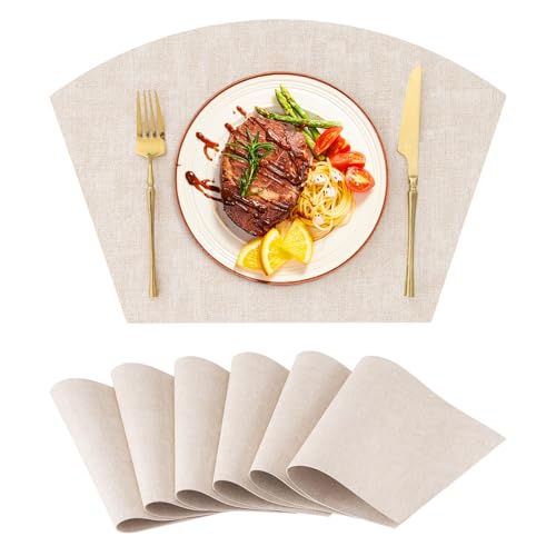 Homaxy Round Table Placemats Set of 6, Washable Wedge Shaped Faux Leather Table Mats, Wipeable Kitchen Dinner Place Mats for Indoor Outdoor, Beige
