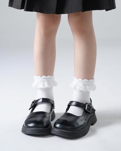 Girls White Ruffle Lace Frilly Socks, Princess Dress Socks, Cotton School Uniform Crew Socks for Toddler Little Girls 6 Pack.3
