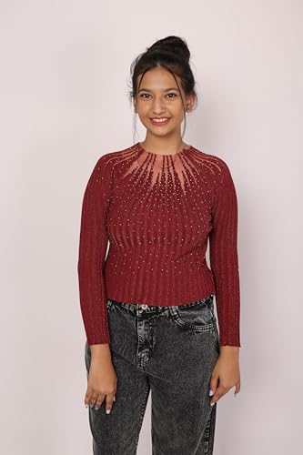 Image of ICW Women Knitted Rhinestone Embellised Daimond Studded Mesh Round Neck Long Sleeve Crop Top T-Shirt 206